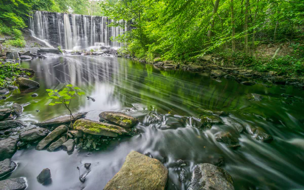 4K Ultra HD wallpaper of a serene waterfall flowing over stone ledges into a clear river, surrounded by lush green trees in a Connecticut nature setting.