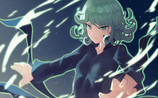 HD PC desktop wallpaper featuring Tatsumaki from One-Punch Man, depicted with dynamic energy effects and a focused expression in anime style.