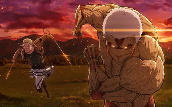 HD desktop wallpaper featuring Reiner Braun and the Armored Titan from the anime Attack on Titan, set against a dramatic sunset backdrop.