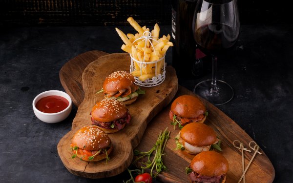 Food Burger Wine Tomato French Fries Still Life HD Wallpaper | Background Image