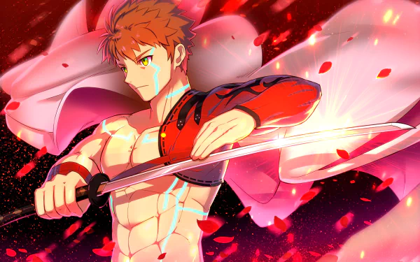 HD anime desktop wallpaper featuring Shirou Emiya wielding a sword with Saber and Senji Muramasa elements, inspired by Fate Series and Fate/Grand Order.
