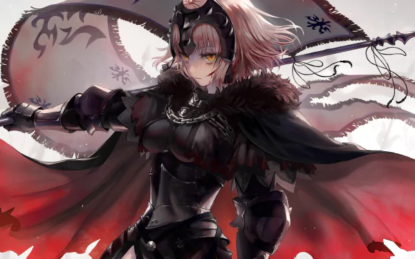 HD desktop wallpaper featuring Jeanne d'Arc Alter from Fate/Grand Order, depicted as a fierce woman warrior with short hair, yellow eyes, and a black and red armor, wielding a banner.