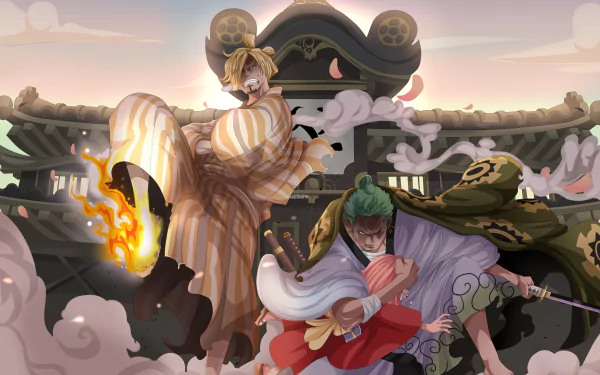 4K Ultra HD anime wallpaper featuring Toko, Sanji, and Roronoa Zoro from One Piece in dynamic action poses against a traditional Japanese backdrop.