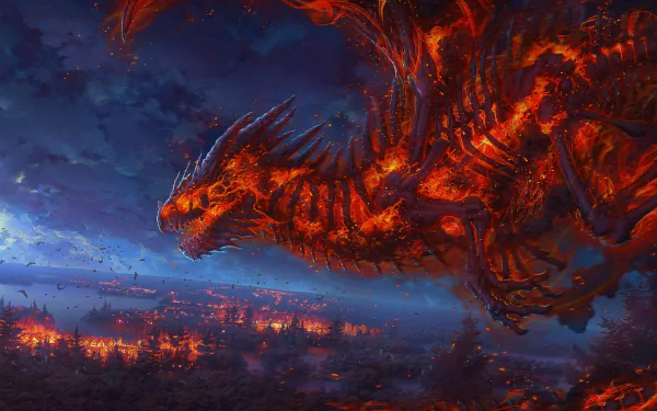 HD fantasy PC desktop wallpaper featuring a fiery, glowing dragon soaring over a burning, darkened landscape under a stormy sky.