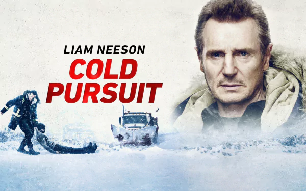 HD wallpaper of Liam Neeson in Cold Pursuit, featuring the actor and a snowy scene with action.