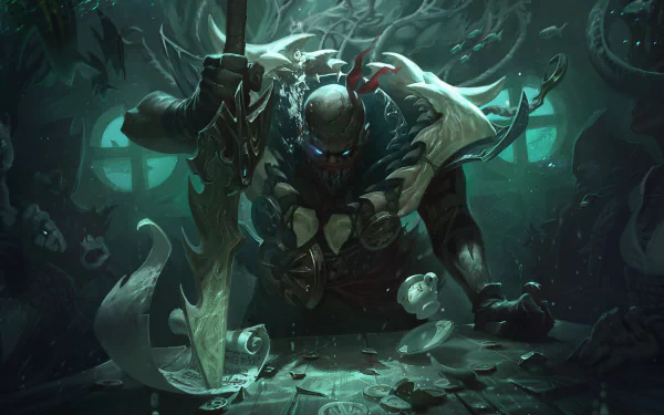 HD desktop wallpaper of Pyke from League of Legends, featuring the character in a dark, eerie underwater setting with shrouded, ghostly figures in the background.