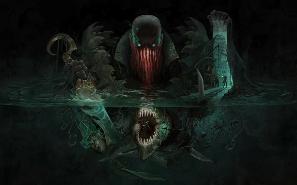 HD PC desktop wallpaper featuring Pyke from the video game League of Legends emerging from dark waters with a menacing expression.