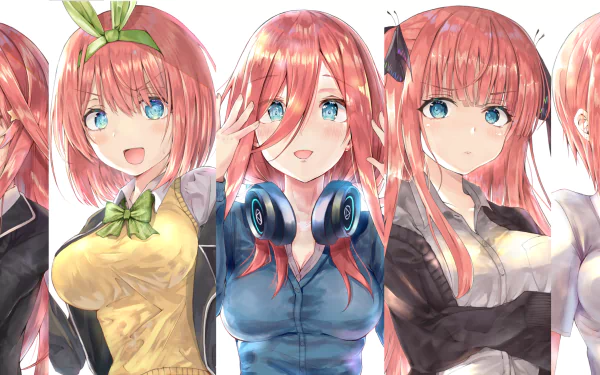 HD desktop wallpaper featuring the characters Yotsuba Nakano, Nino Nakano, Miku Nakano, Itsuki Nakano, and Ichika Nakano from the anime The Quintessential Quintuplets.