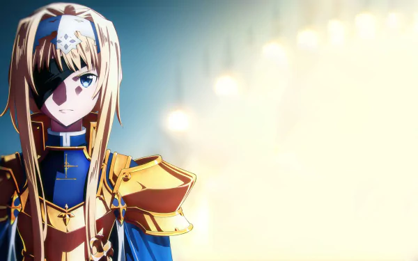 HD PC desktop wallpaper featuring Alice Zuberg from the anime Sword Art Online: Alicization, showcasing her in detailed armor with a bright, softly blurred background.
