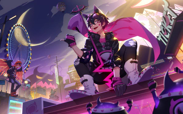 HD anime wallpaper featuring an original character with animal ears and a vibrant cityscape in the background, illuminated by neon lights, a Ferris wheel, and a lively atmosphere.