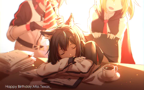 HD wallpaper featuring Arknights characters celebrating a birthday, with one character wearing a party hat while another sleeps on a table surrounded by paperwork and a cup of coffee. Text reads Happy Birthday, Miss Texas.