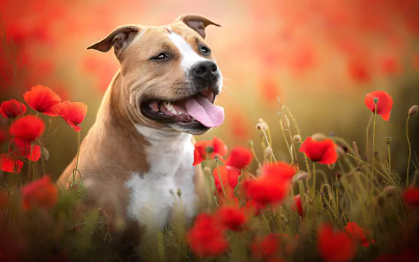 A bull terrier dog sits among vibrant red poppy flowers in this HD desktop wallpaper, capturing a bright and lively outdoor scene.