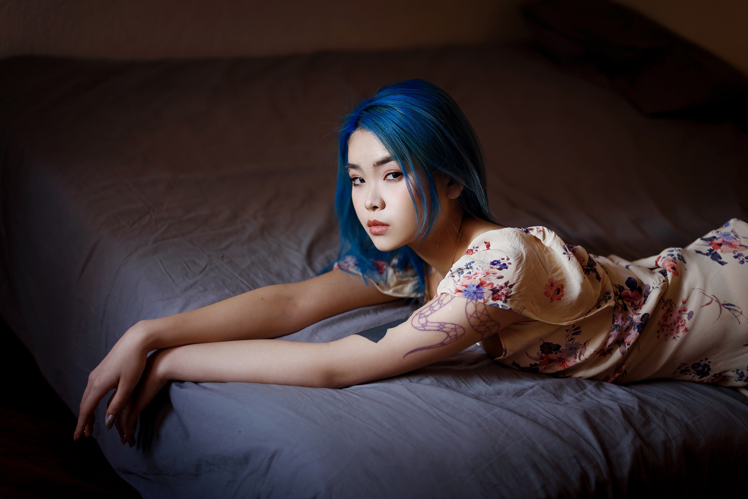 Download Blue Hair Model Tattoo Woman Asian HD Wallpaper