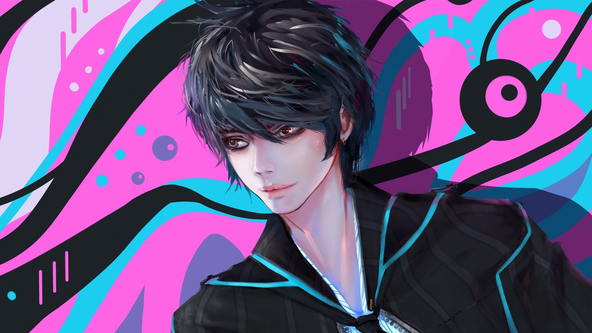 A vibrant 4K Ultra HD anime boy with dark hair, set against a colorful abstract background, designed as a striking PC desktop wallpaper.