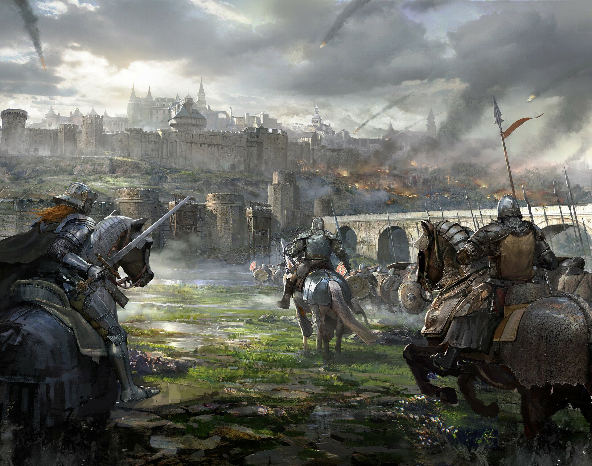 HD PC desktop wallpaper depicting a dramatic fantasy siege with knights on horseback charging toward a fortified medieval city under a stormy sky.