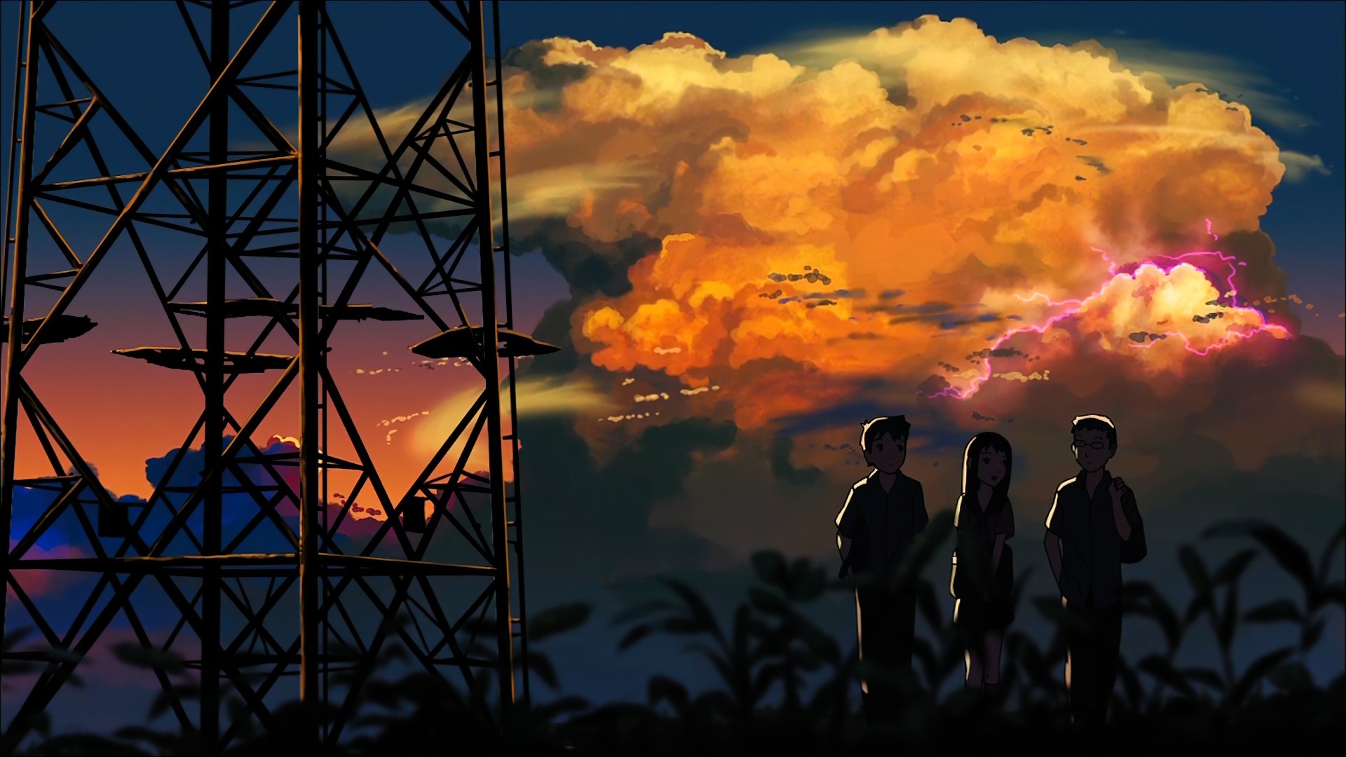 Anime scene from The Place Promised In Our Early Days, featuring three silhouetted figures against a vibrant sunset sky with dramatic clouds, rendered in 8K Ultra HD.