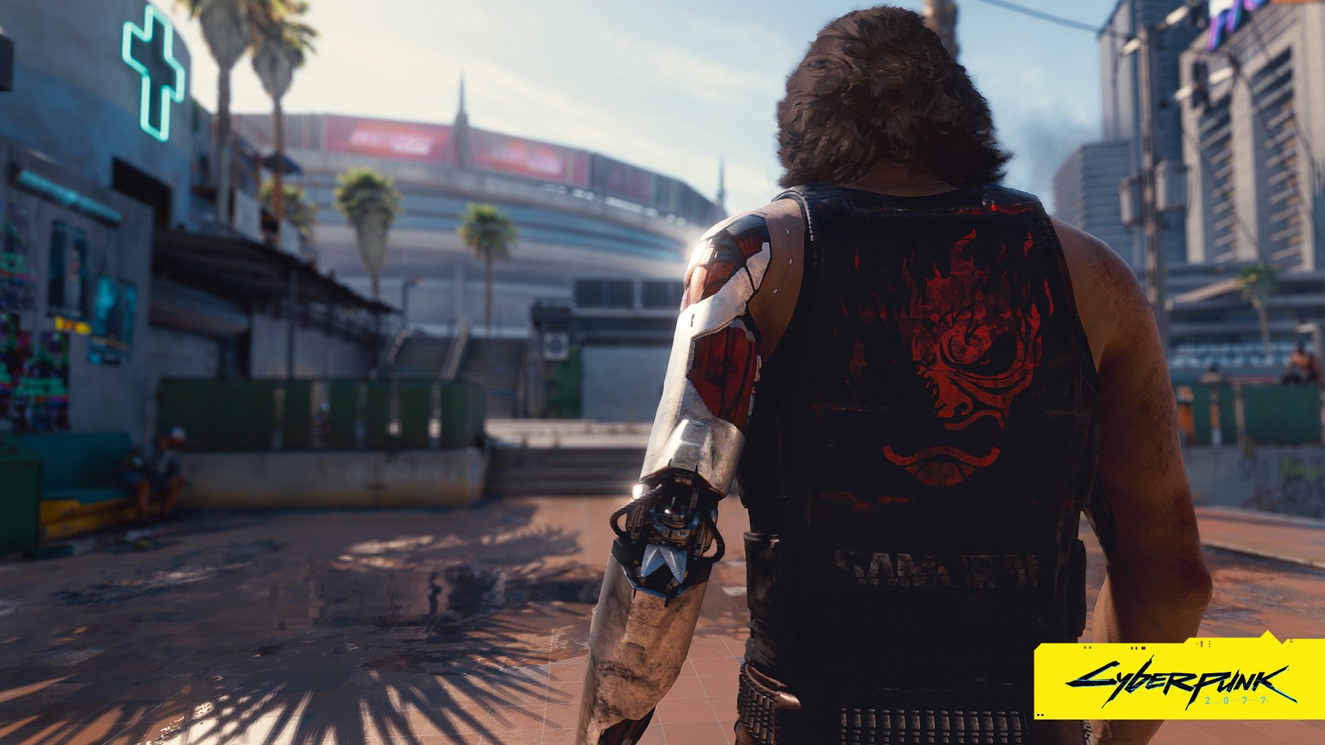 HD PC desktop wallpaper featuring a Cyberpunk 2077 scene with a character facing an urban futuristic environment under a bright sky.