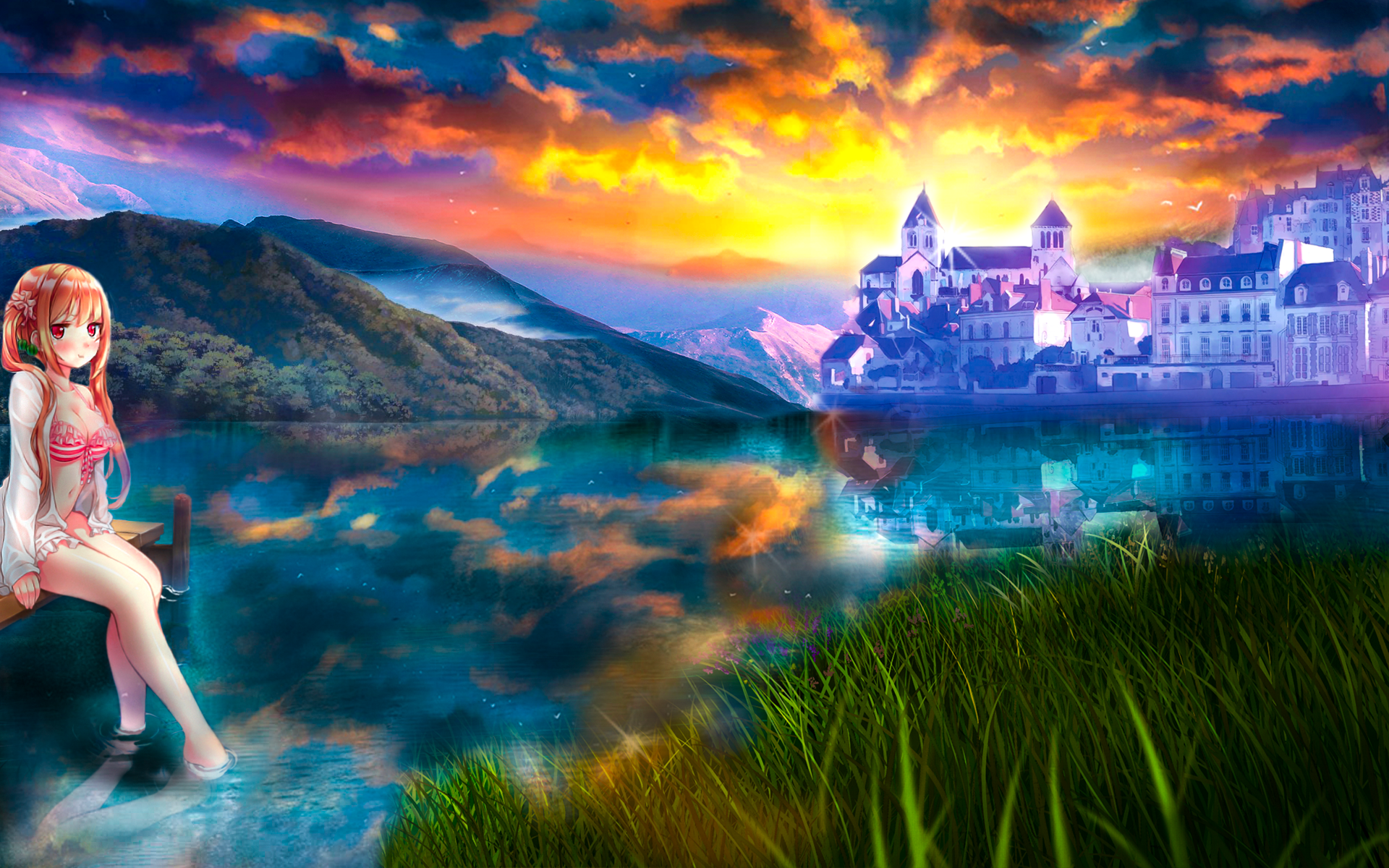 A vibrant fantasy anime scene in 4K Ultra HD featuring a girl sitting by a serene lake with glowing reflections, hills, and a luminous castle under a dramatic sunset sky.
