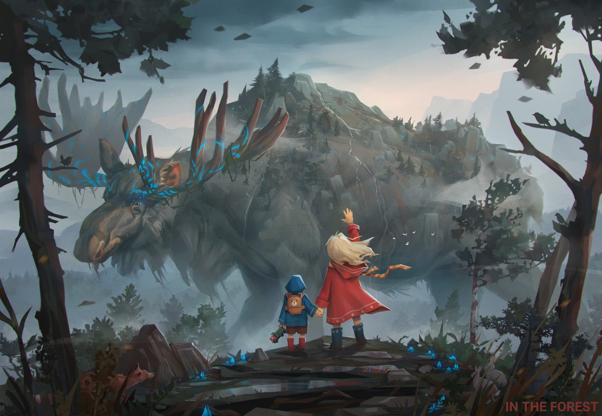A giant fantasy moose looms over a little girl and child standing on a rocky outcrop in a misty forest, captured in an HD fantasy animal desktop wallpaper.