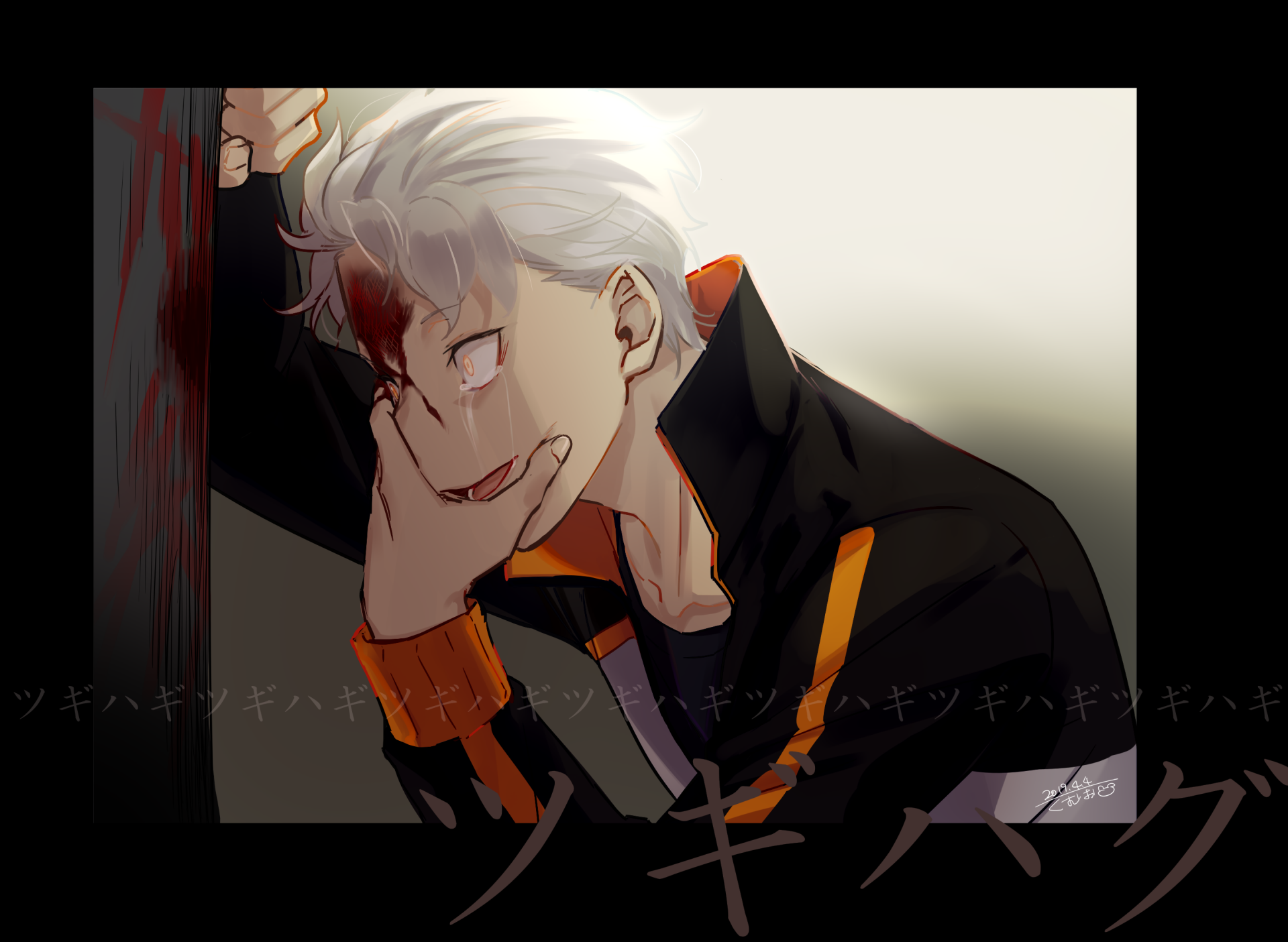 Subaru Natsuki from Re:Zero − Starting Life in Another World: white‑haired, bloodied forehead, smirking in a black jacket with orange trim, leaning against a wall — 2K Quad HD PC wallpaper.