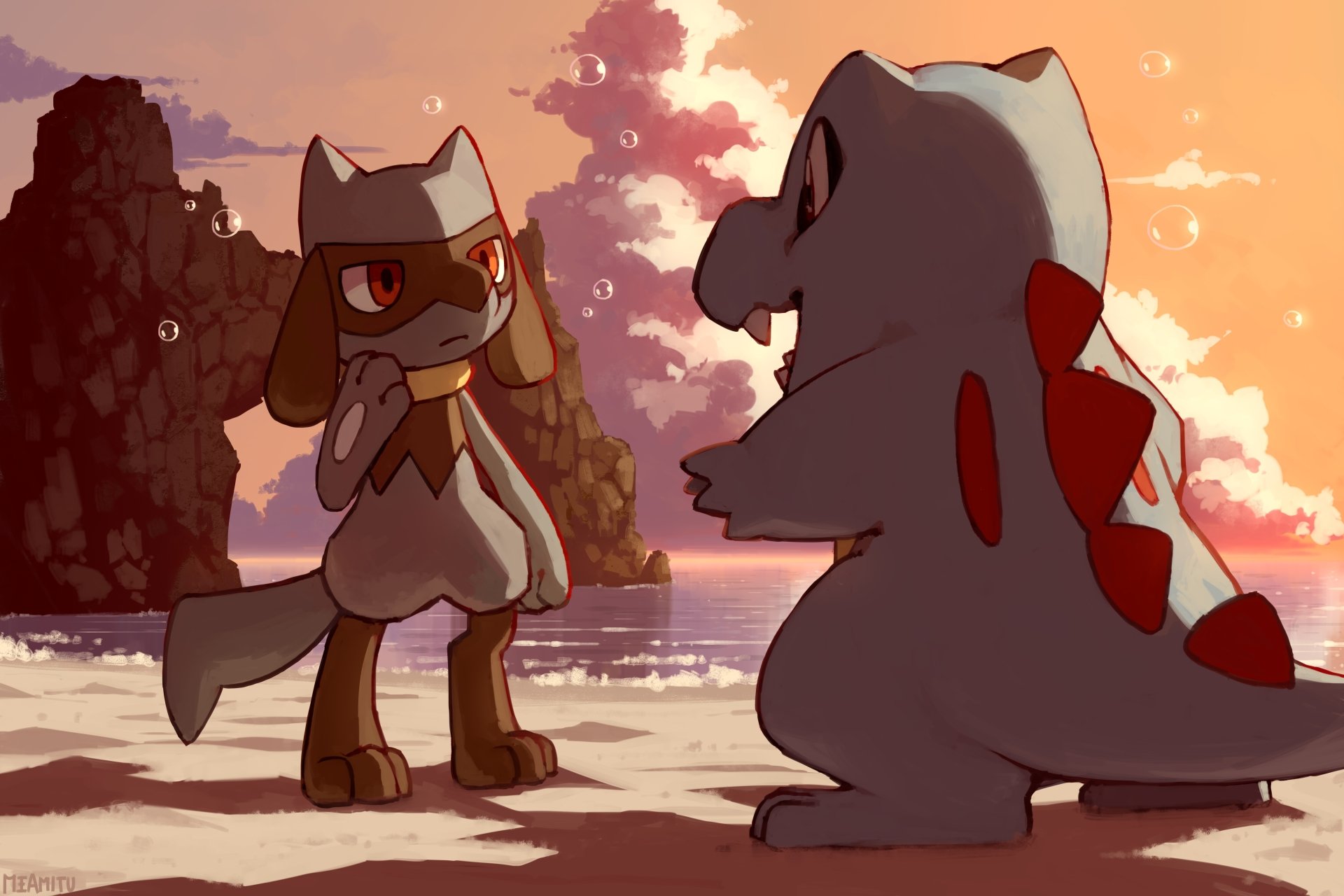 4K Ultra HD Pokémon wallpaper featuring Riolu and Totodile standing on a beach at sunset, captured in a vibrant video game-inspired scene.