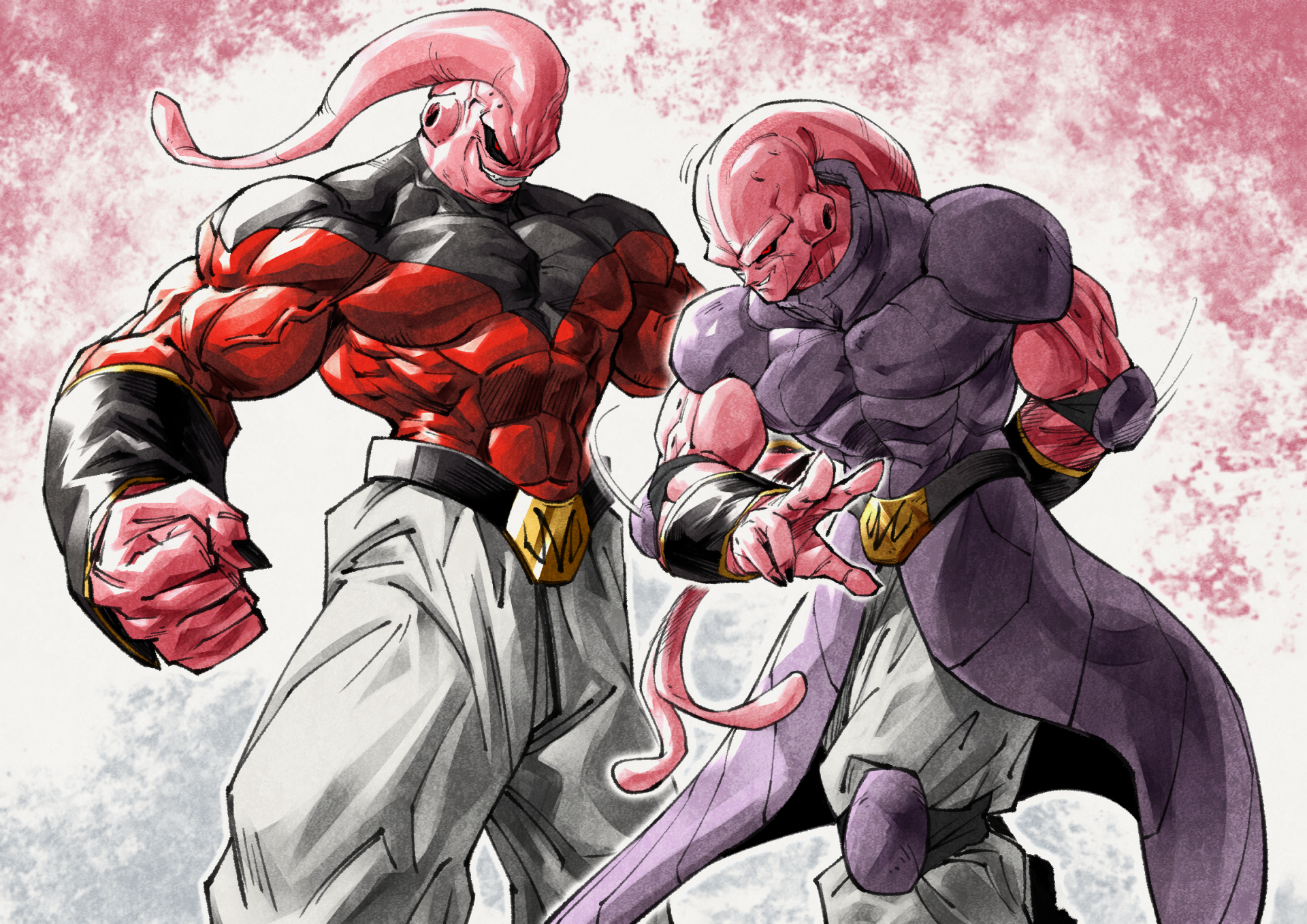 Majin Buu anime HD PC desktop wallpaper from Dragon Ball Z: two muscular, pink-hued forms facing off on a textured pink-and-white background.