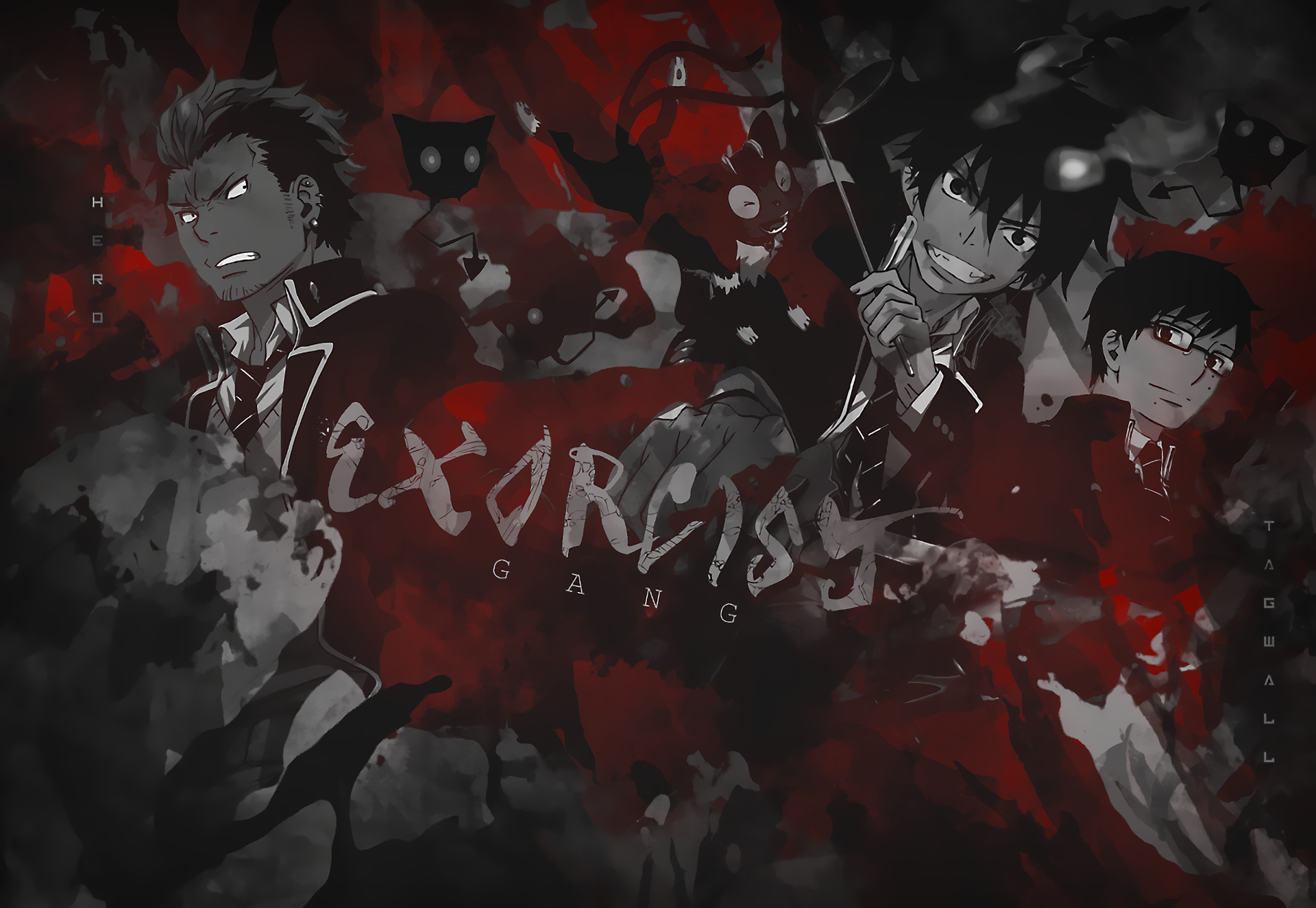 HD anime wallpaper featuring Yukio Okumura and Rin Okumura from Blue Exorcist, with dark, intense tones and the Exorcist Gang text prominently displayed.