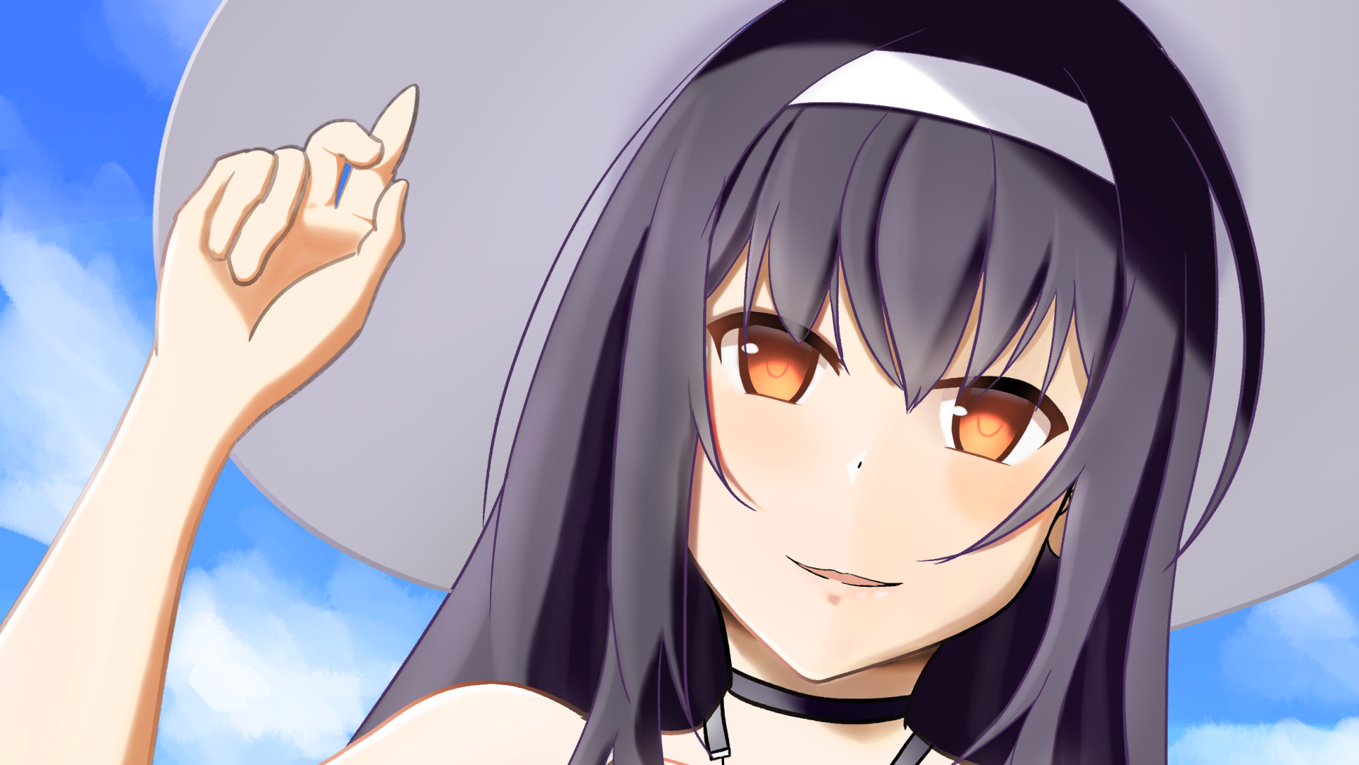 HD PC wallpaper of Utaha Kasumigaoka from Saekano: anime portrait with long dark hair, amber eyes, white sunhat and choker against a blue sky.