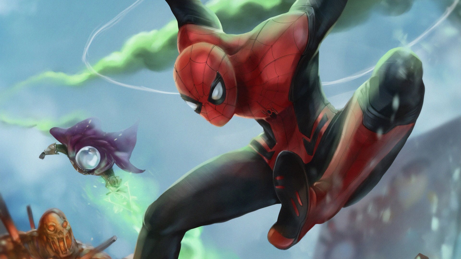 4K Ultra HD PC desktop wallpaper: Spider-Man in red-black suit leaping toward viewer while Mysterio (Marvel Comics) hovers with green smoke — cinematic Spider-Man: Far From Home movie art.