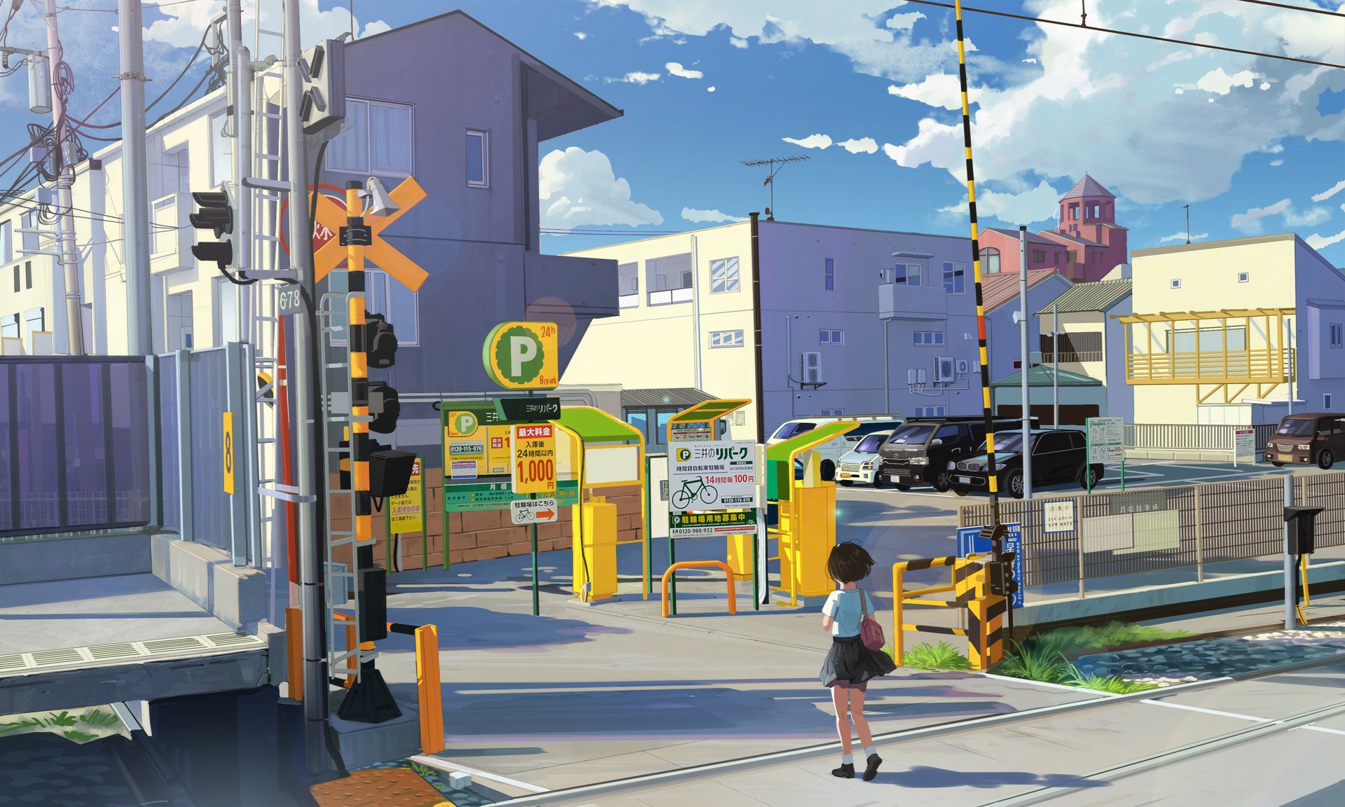 Anime-style HD PC desktop wallpaper depicting a bright urban scene with buildings, a parking area, and a child standing near a railroad crossing on a sunny day.