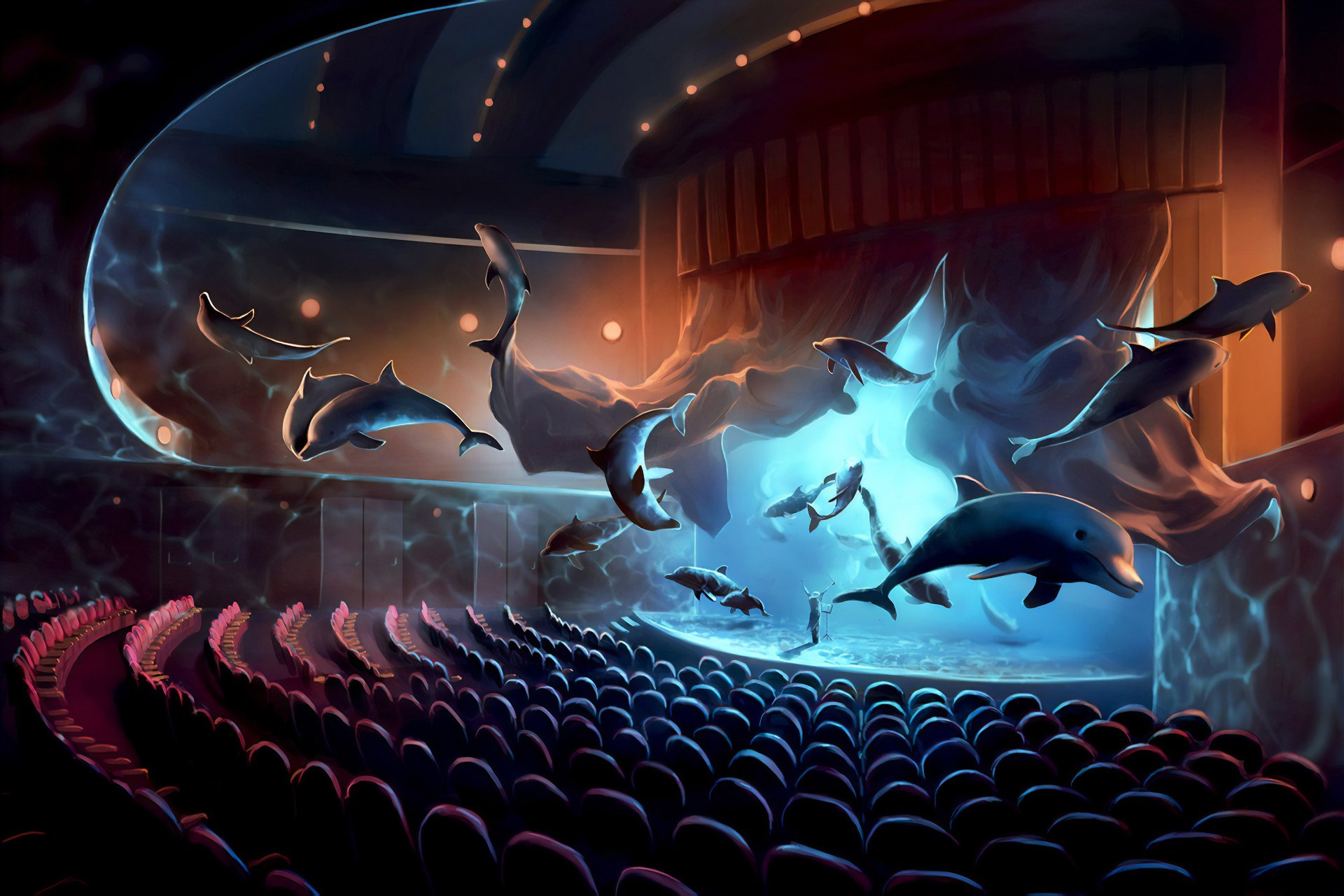A 4K Ultra HD fantasy PC wallpaper depicting dolphins gracefully swimming through a glowing, misty theater stage, blending animal and imaginative elements.