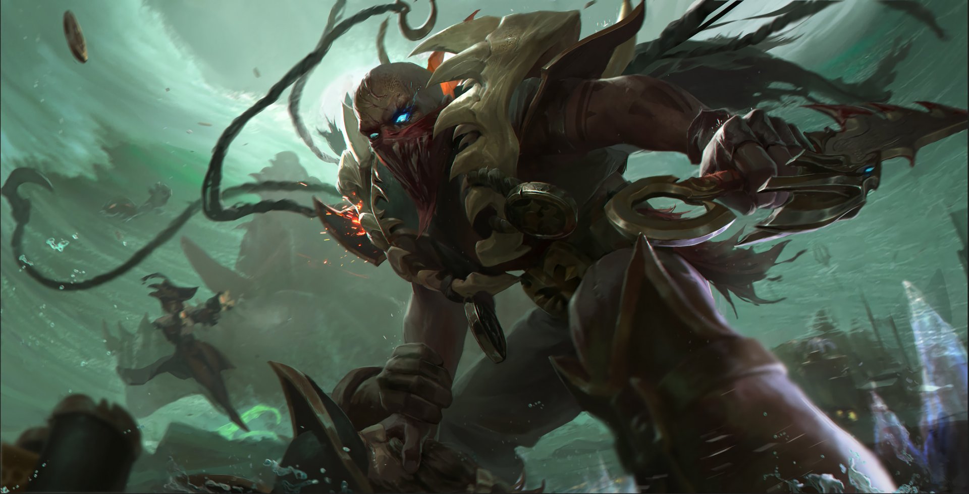 HD PC desktop wallpaper of Pyke (League of Legends): spectral assassin emerging from green mist, blades poised and tattered cloak swirling — striking video game artwork.