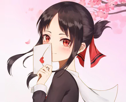 HD PC desktop wallpaper featuring Kaguya Shinomiya from the anime Kaguya-sama: Love is War holding a love letter with cherry blossoms in the background.