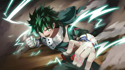 HD PC desktop wallpaper featuring Izuku Midoriya from My Hero Academia, depicted in dynamic action with electrifying energy effects.