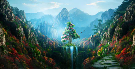 An HD fantasy landscape desktop wallpaper featuring a majestic tree on a waterfall amidst vibrant forests and towering mountains.