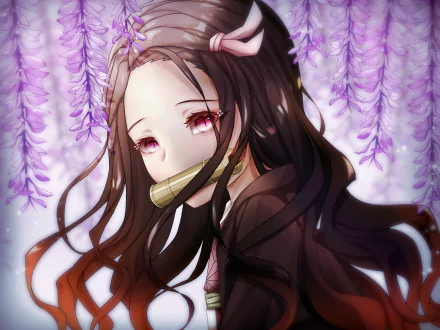 HD desktop wallpaper of Nezuko Kamado from the anime Demon Slayer: Kimetsu no Yaiba, featuring Nezuko with flowing hair, wearing her bamboo mouthguard, surrounded by cascading purple flowers.