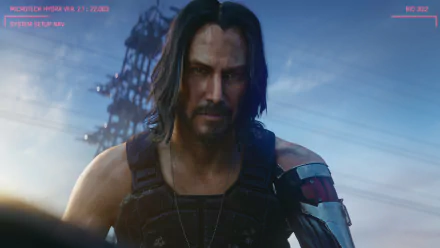 HD desktop wallpaper of a character modeled after Keanu Reeves in the video game Cyberpunk 2077, set against a futuristic backdrop.