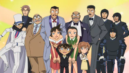HD PC desktop wallpaper featuring a group of characters from the anime Detective Conan, including Conan Edogawa and key supporting figures.