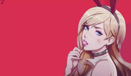 Anime-style HD desktop wallpaper of a blonde girl with blue eyes wearing bunny ears, holding a lollipop against a solid red background.