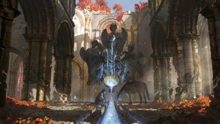 HD desktop wallpaper featuring a fantasy statue of a knight on horseback within a grand, ruined architectural place bathed in soft, natural light and autumn foliage.