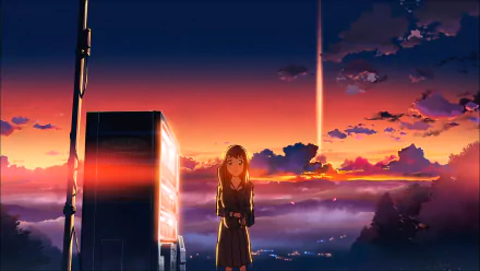 HD wallpaper of Sayuri Sawatari from The Place Promised in Our Early Days, featuring her standing by a bus stop with a vivid sunset and skyline backdrop.