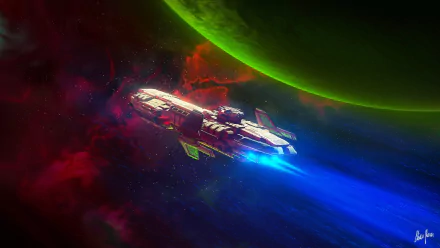 HD Sci-Fi desktop wallpaper featuring a detailed spaceship flying through colorful space near a large green planet.