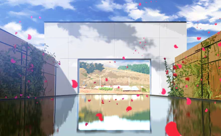 HD anime-style original desktop wallpaper featuring a reflective water pool framed by walls with climbing roses and drifting pink petals under a bright blue sky.