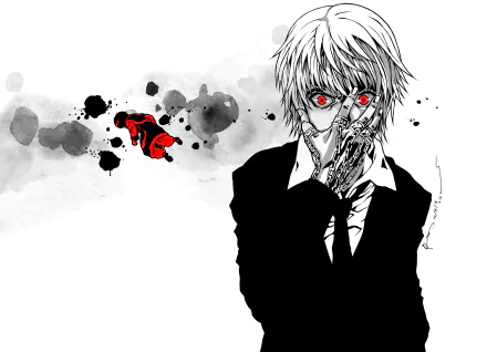 HD PC desktop wallpaper featuring Kurapika from Hunter × Hunter in a monochrome style with striking red eyes and a detailed hand design, blending anime and dark artistic elements.