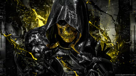 A high-definition Death Stranding video game wallpaper depicting a hooded figure with a golden skeletal mask surrounded by dark and yellow elements.