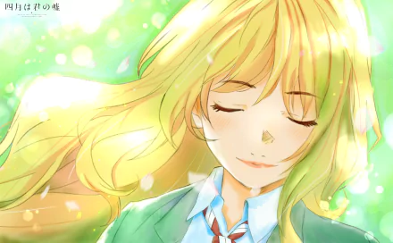 HD PC desktop wallpaper of Kaori Miyazono from the anime Your Lie in April, featuring her serene expression and flowing blonde hair in a glowing, soft light setting.