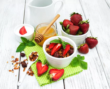 fruit still life granola honey strawberry berry food breakfast HD Desktop Wallpaper | Background Image