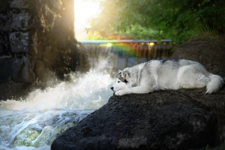A Siberian Husky lies peacefully on a rock near a waterfall, with a rainbow visible in the background. The image is in high definition, making it a stunning desktop wallpaper.