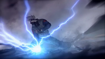 HD anime wallpaper featuring Kakashi Hatake unleashing the Chidori lightning attack from Naruto, set against a stormy, dramatic background.