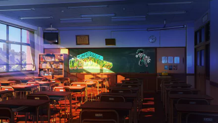 Classroom scene from My Hero Academia featuring Izuku Midoriya with anime-style HD PC desktop wallpaper and background lighting effects.